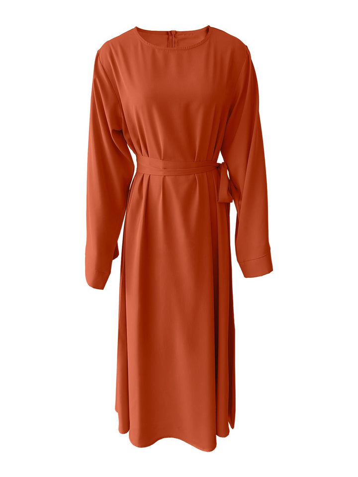 Damen Midi-Kleid mit elegantem Taillengürtel und langen Ärmeln Drune