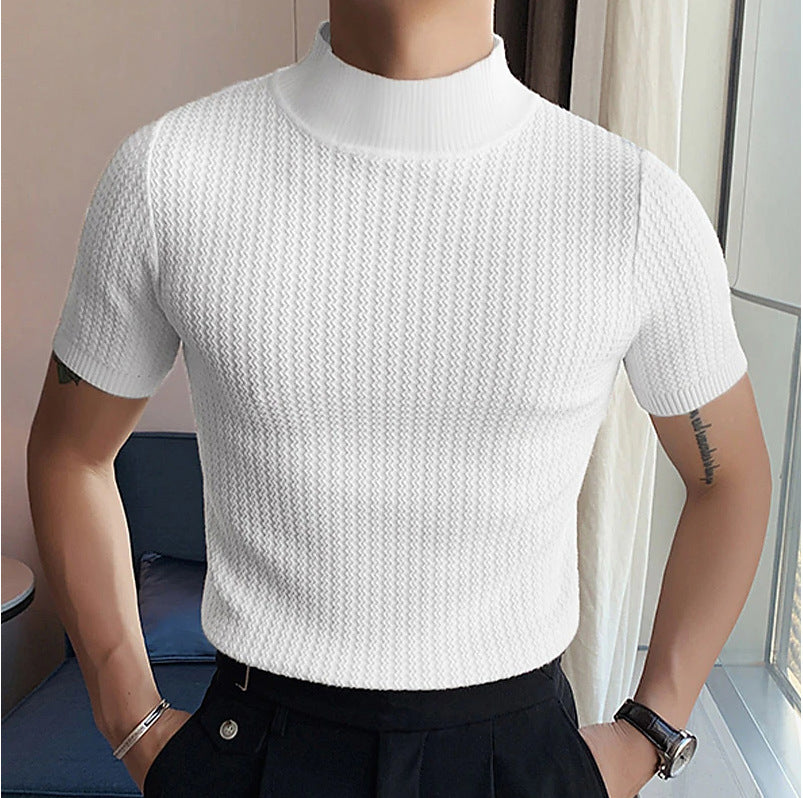 Herren nan kurzärmliges Stehkragen-Feinstrickshirt mit feiner Rippstruktur Drune