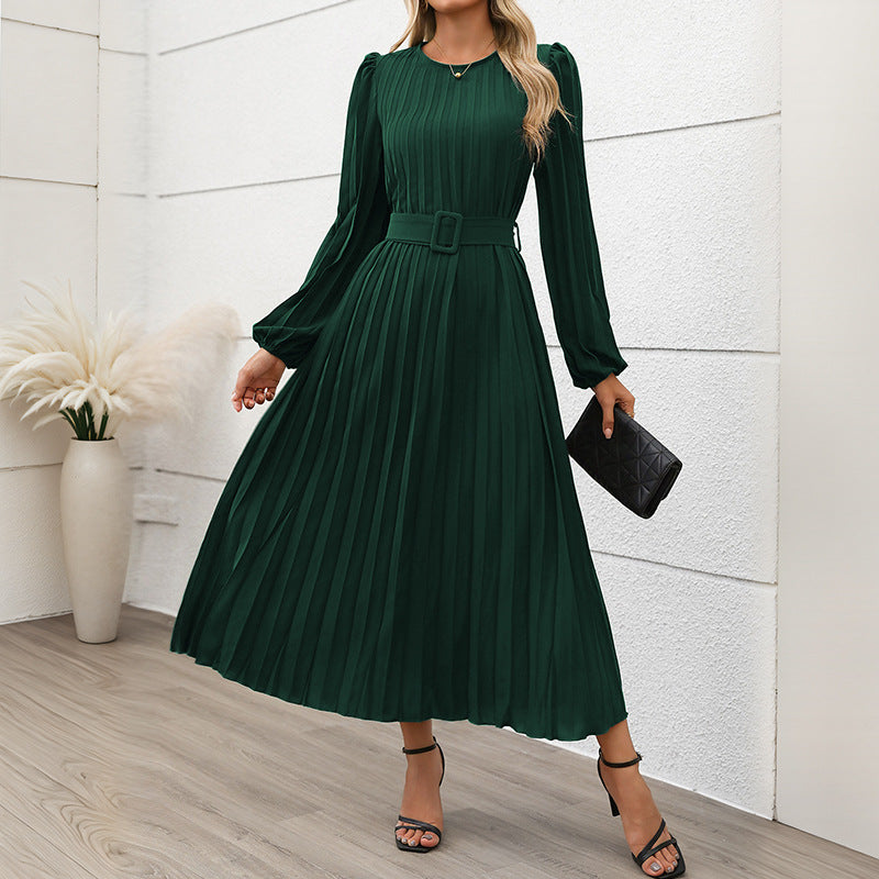 Damen Plisseekleid mit Taillengürtel und langen Ärmeln Drune
