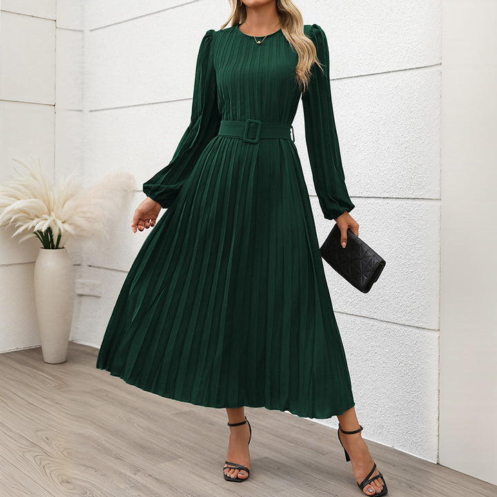 Damen Plisseekleid mit Taillengürtel und langen Ärmeln Drune