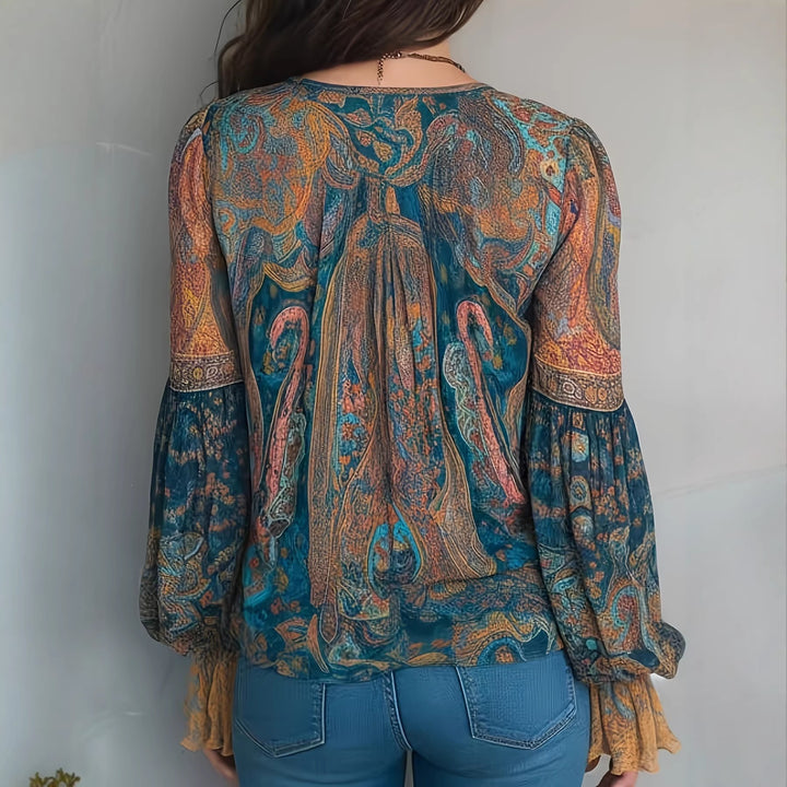 Damen Boho-Chic Bluse mit geflammten Ärmeln und V-Ausschnitt Drune