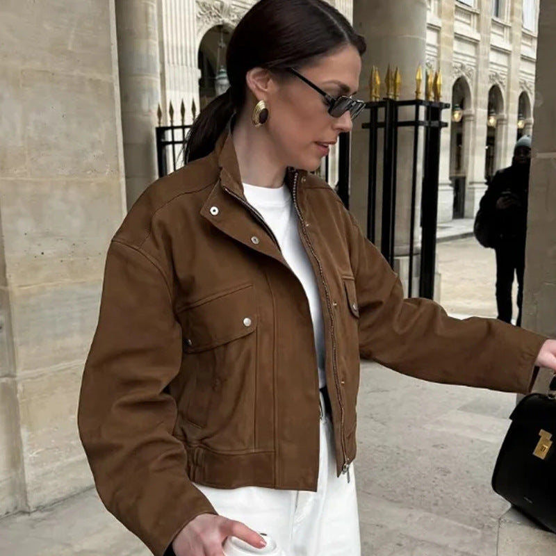 Damen Elegante Kunstlederjacke mit modernem Stehkragen Drune