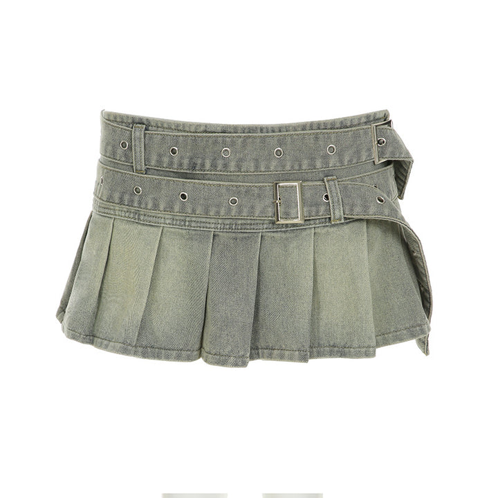 Damen Denim-Rock mit voluminösem Falten-Design und tailliertem Gürtel Drune