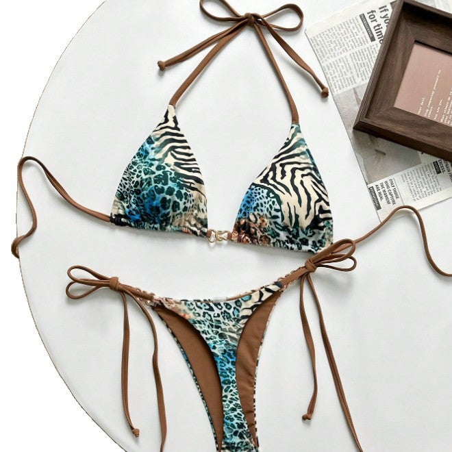Damen Triangel-Bikini mit aufregendem animalischem Muster und modischen Bindebändern Drune
