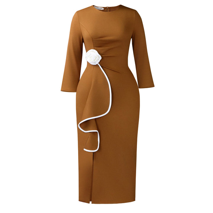 Damen Etuikleid mit eleganter Drapierung und floraler Applikation Drune