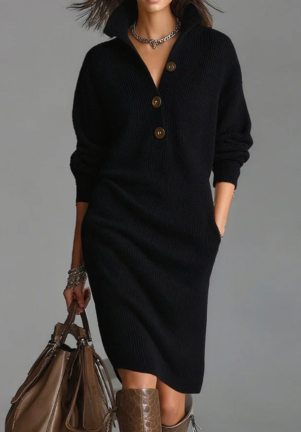 Damen nan gestricktes Pulloverkleid mit Polokragen, Eingrifftaschen und lässiger Passform Drune