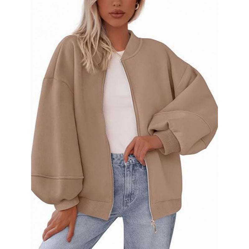 Damen lässige Oversized-Jacke mit Reißverschluss und ballonen Ärmeln Drune