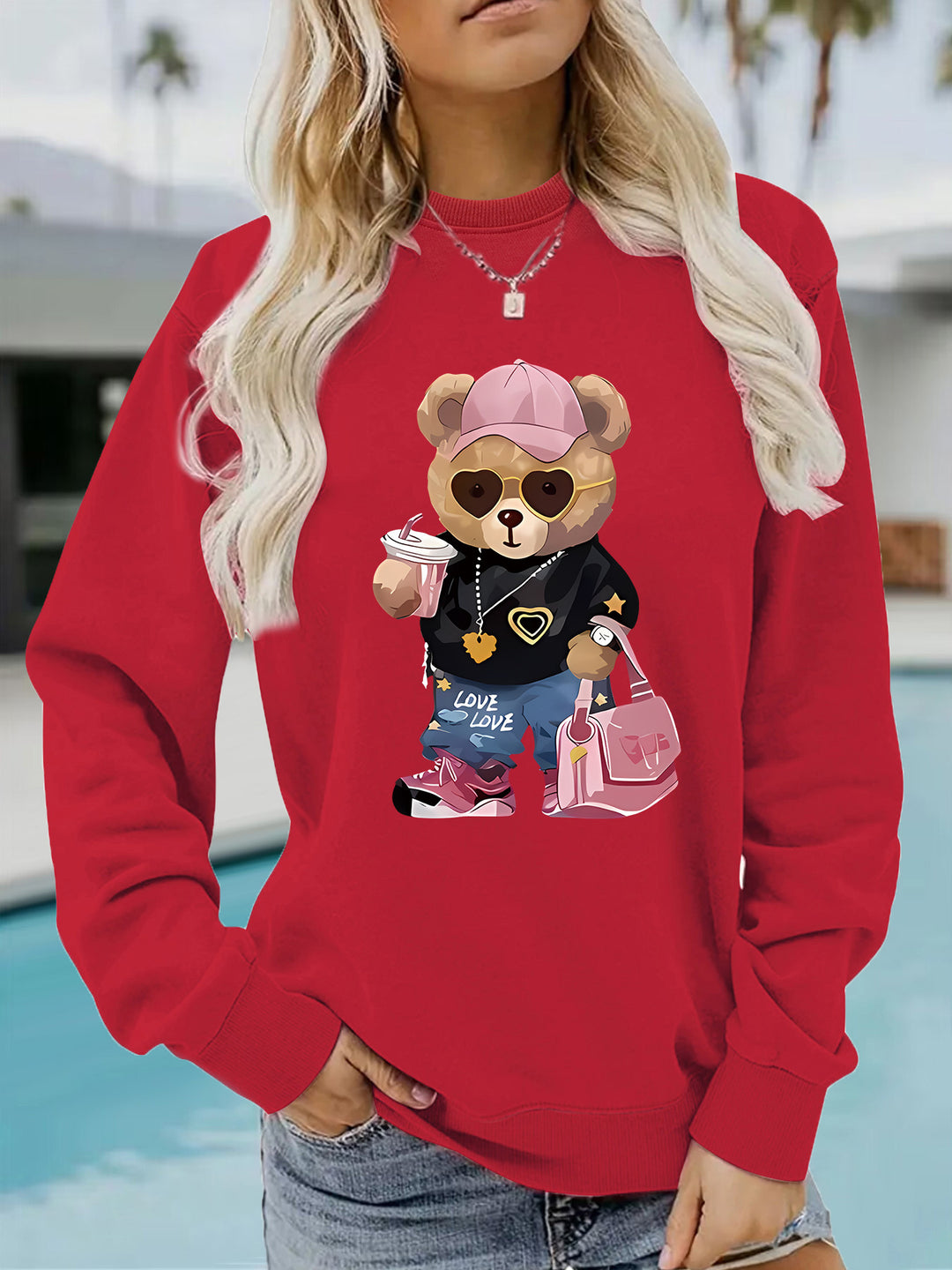 Damen Sweatshirt mit einzigartigem Cartoon-Bären-Motiv und modischem Schriftzug Drune