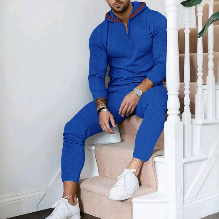 Herren nan Slim-Fit Waffel-Strick Kapuzen-Set mit Halbzip, kontrastgefütterter Kapuze und tapered Jogginghose Drune