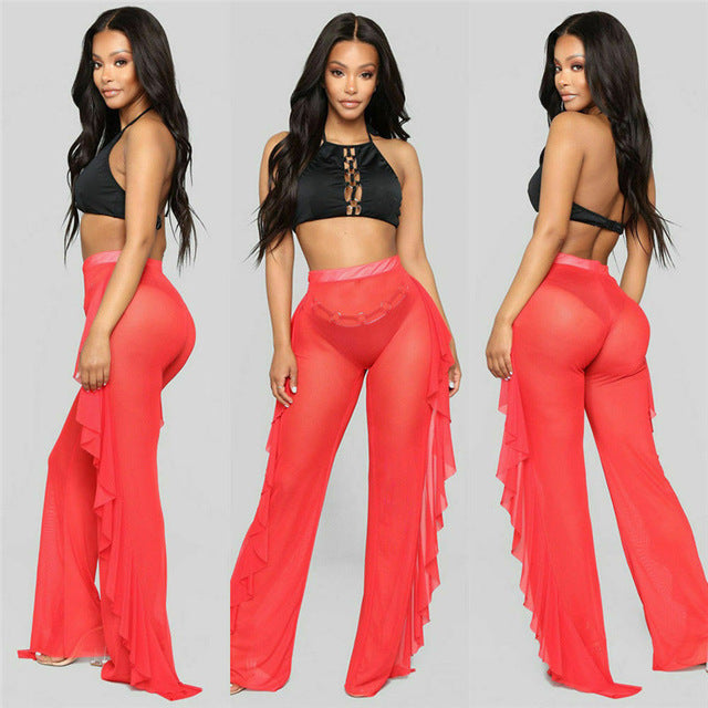 Damen Elegante und luftige Transparent-Hose mit Rüschendetails Drune