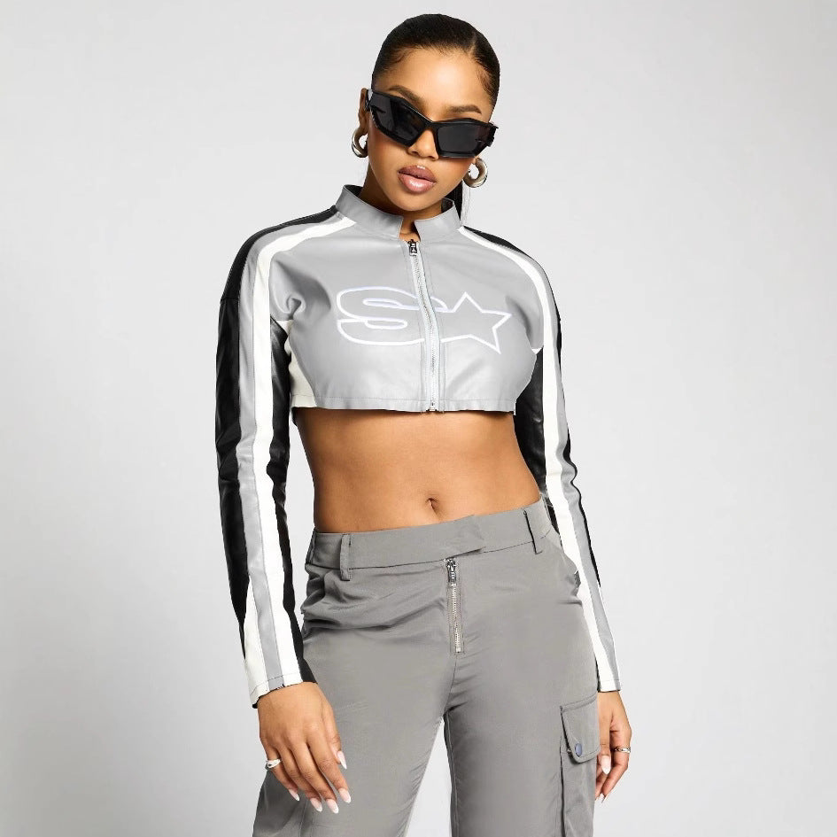Damen cropped Sportjacke mit stylischem Reißverschluss und kontrastierenden Streifen Drune