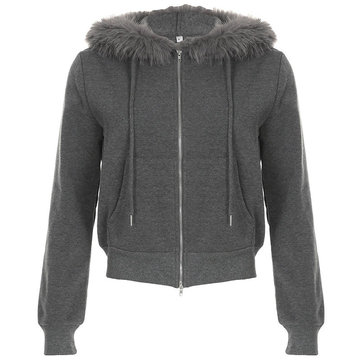Damen Zip-Up Sport Hoodie mit Kunstfellbesatz Drune