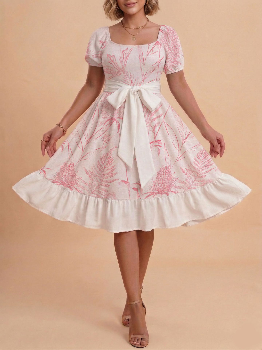Damen Retro Maxikleid mit Puffärmeln und Taillengürtel Drune