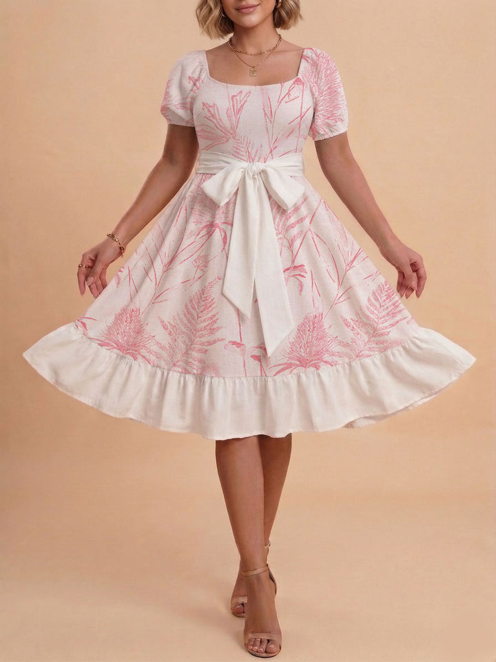 Damen Retro Maxikleid mit Puffärmeln und Taillengürtel Drune