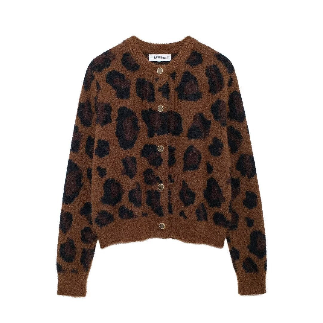 Damen nan kuschelige Strickjacke mit Leopardenmuster, Rundhalsausschnitt und durchgehender Knopfleiste Drune