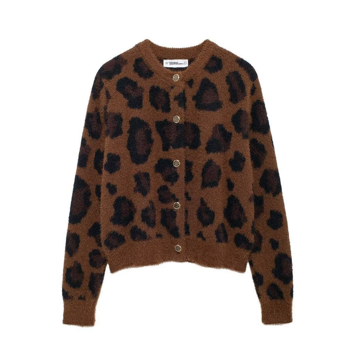 Damen nan kuschelige Strickjacke mit Leopardenmuster, Rundhalsausschnitt und durchgehender Knopfleiste Drune