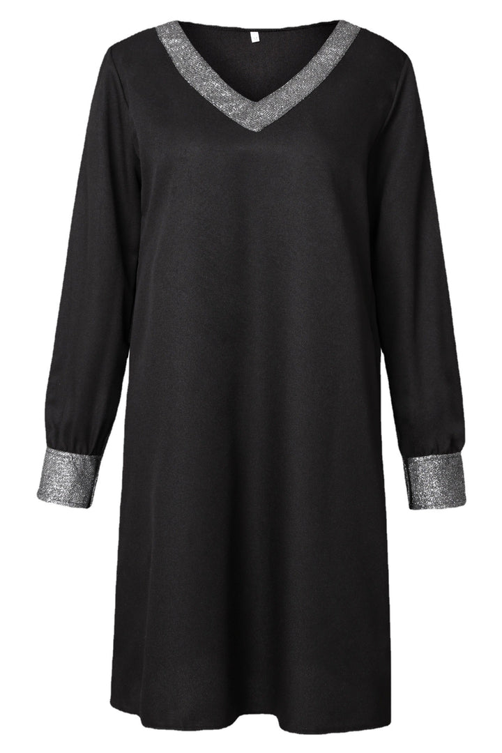 Damen elegantes Kleid mit glitzerndem V-Ausschnitt und innovativen Trägerdetails Drune