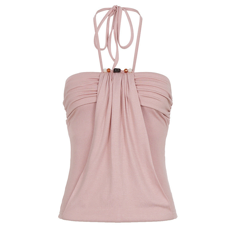 Damen Spaghetti-Trägertop mit eleganter Drapierung und dekorativen Perlen Drune