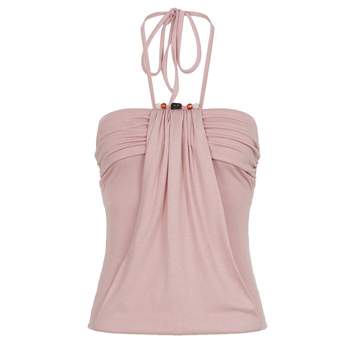 Damen Spaghetti-Trägertop mit eleganter Drapierung und dekorativen Perlen Drune