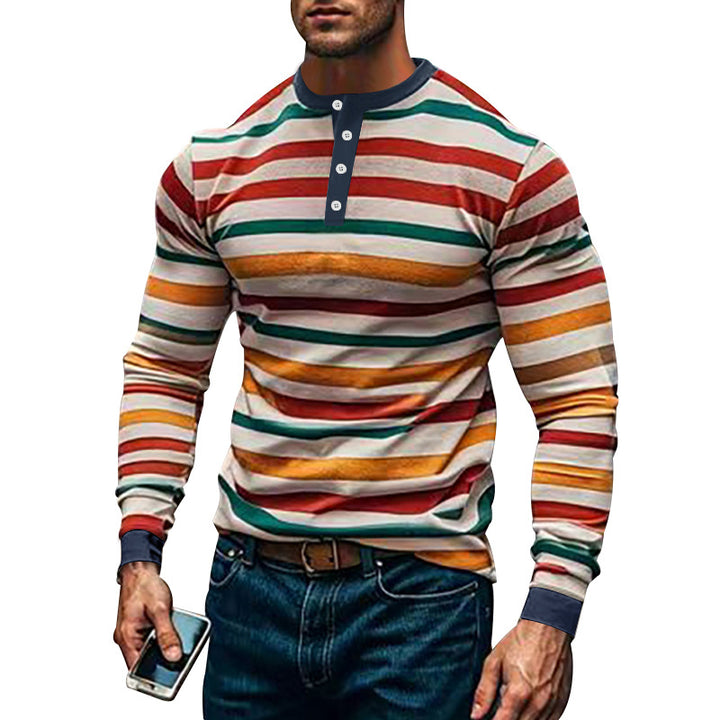Herren nan gestreiftes Langarm-Henleyshirt mit Stehkragen und Knopfleiste Drune