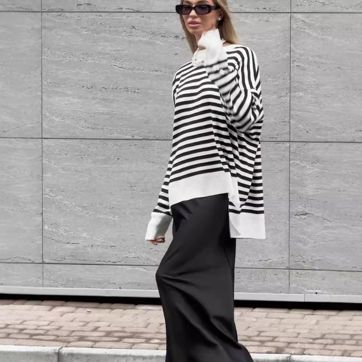 Damen gestreifter Pullover im lässigen Oversized-Stil mit breiten Ärmeln Drune