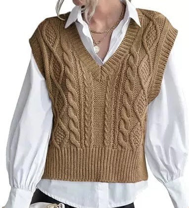 Damen Strickpullover im Vintage-Look mit V-Ausschnitt und Zopfmuster Drune