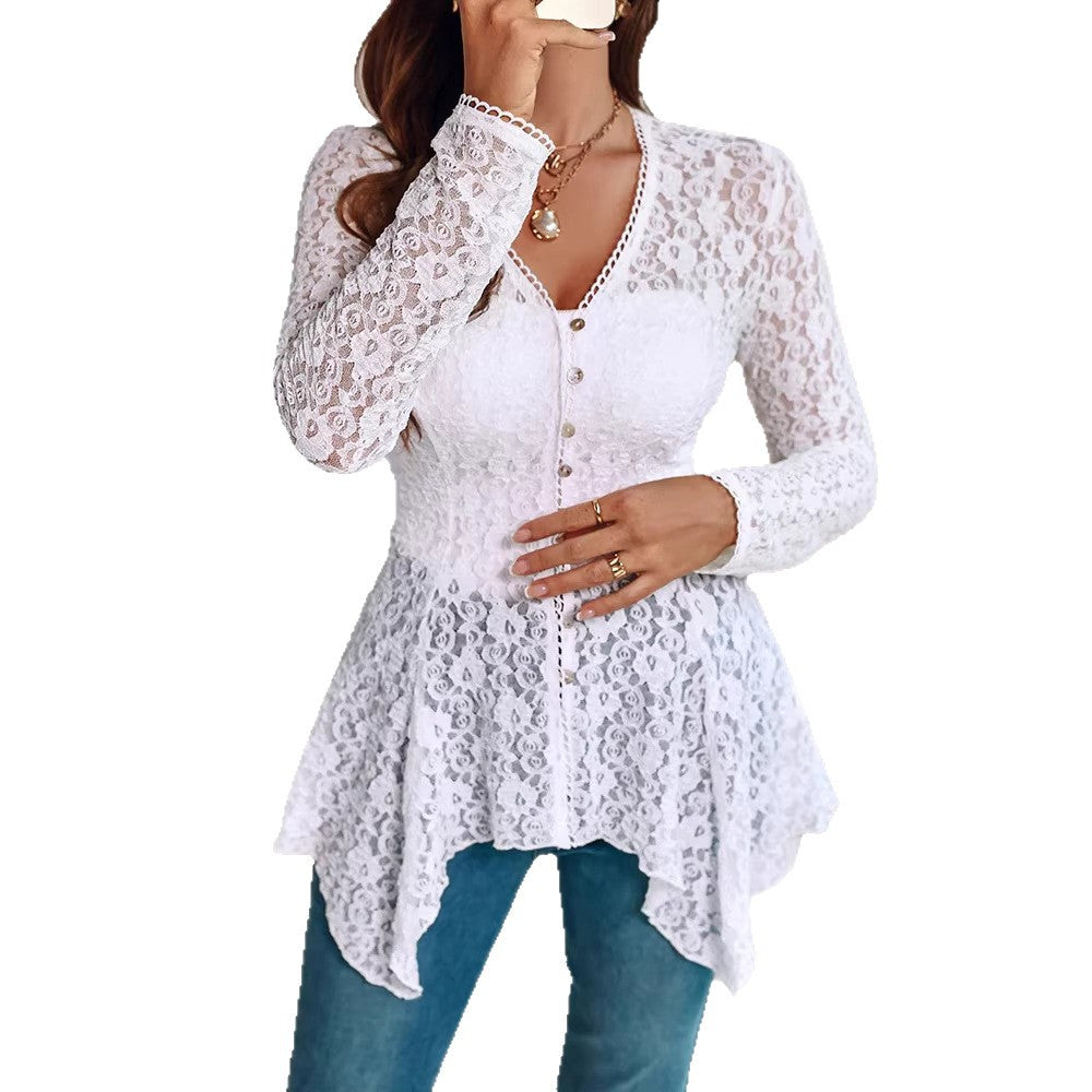 Damen romantische Spitzenbluse mit asymmetrischem Saum und Knopfdetails Drune
