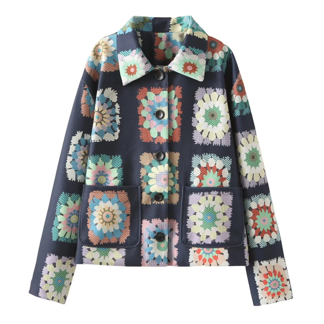Damen modische Jacke mit floralem Muster und praktischen Taschen Drune