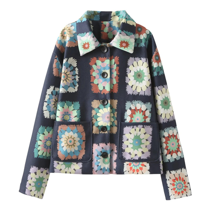 Damen modische Jacke mit floralem Muster und praktischen Taschen Drune