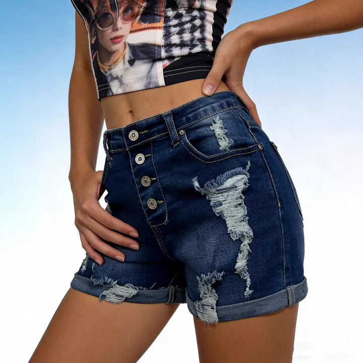Damen modische Destroyed Denim-Shorts mit Knopfleiste Drune