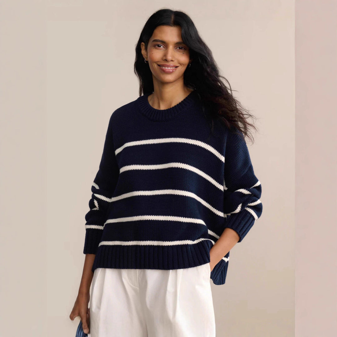 Damen lässiger Strickpullover mit breiten Streifen und Rundhalsausschnitt Drune