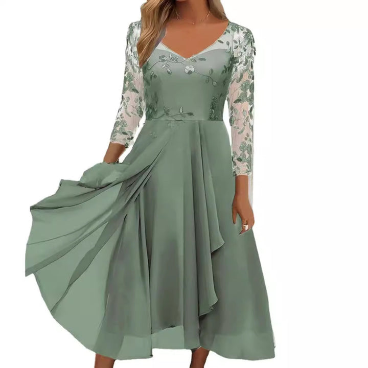 Damen nan V-Ausschnitt Chiffon-Midikleid mit besticktem Bustier, transparenten dreiviertel-Ärmeln und asymmetrischem Lagenrock Drune