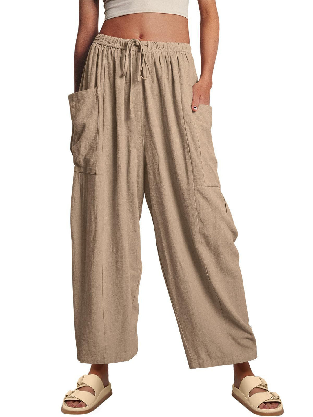 Damen lässige Weite Sommer-Hose mit elastischem Bund und praktischen Taschen Drune