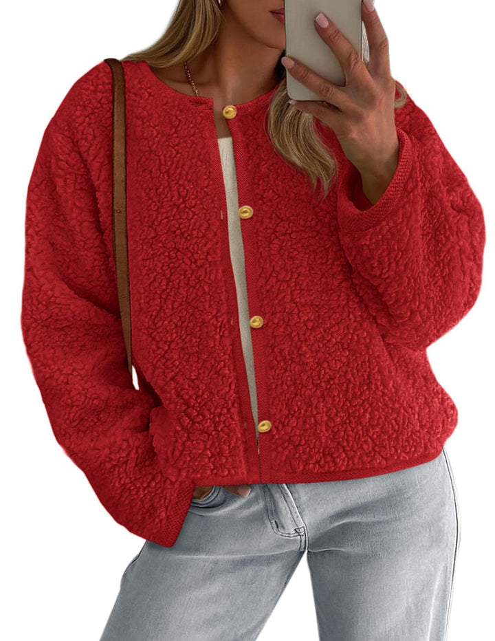 Damen Kuschelige Fleecejacke mit Knopfdetail und Oversized-Schnitt Drune