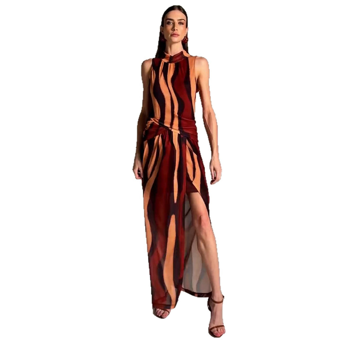 Damen elegantes Maxikleid mit einzigartigem Streifenmuster und hohem Kragen Drune