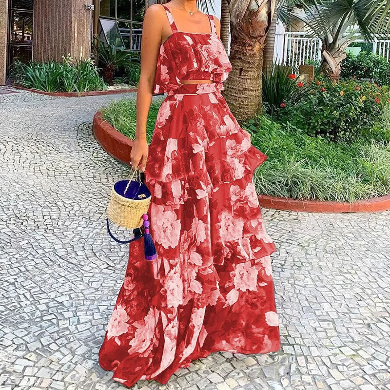 Damen Maxi-Rock mit gestuftem Volant und floralem Design Drune