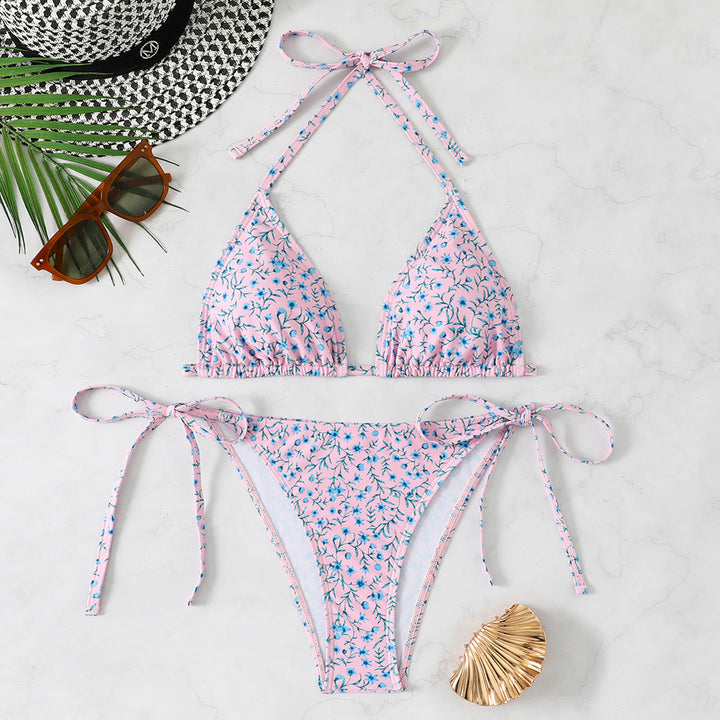 Damen Triangel-Bikini mit verstellbaren Bindebändern und floralen Details Drune