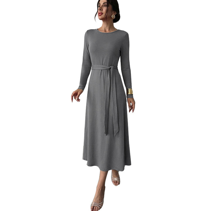 Damen elegantes Midikleid mit tailliertem Gürtel und langem Arm Drune