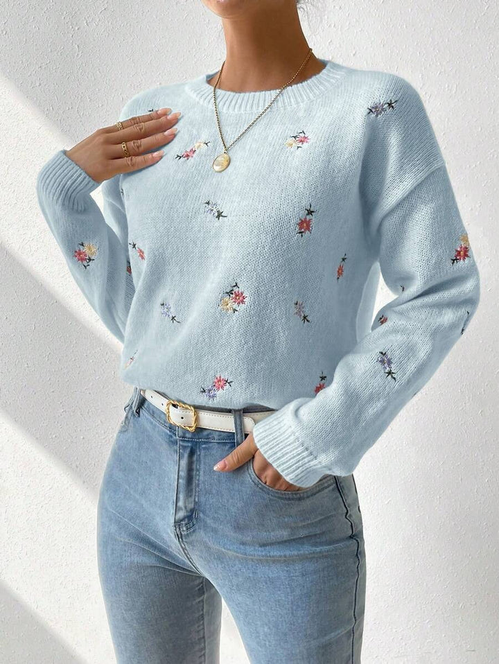 Damen Feinstrickpullover mit floralem Stickdesign und Rundhalsausschnitt Drune