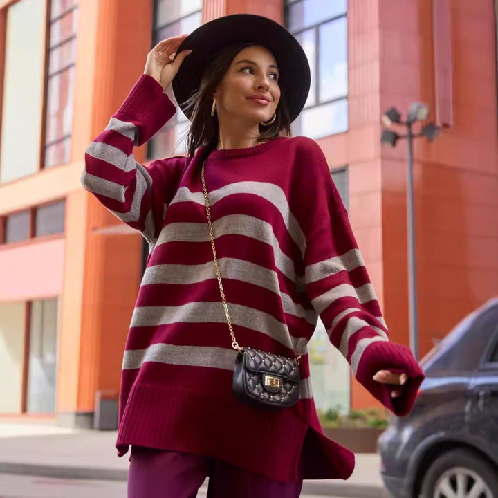 Damen Oversized Strickpullover mit modischem Streifenmuster und detailreicher Rippstruktur Drune