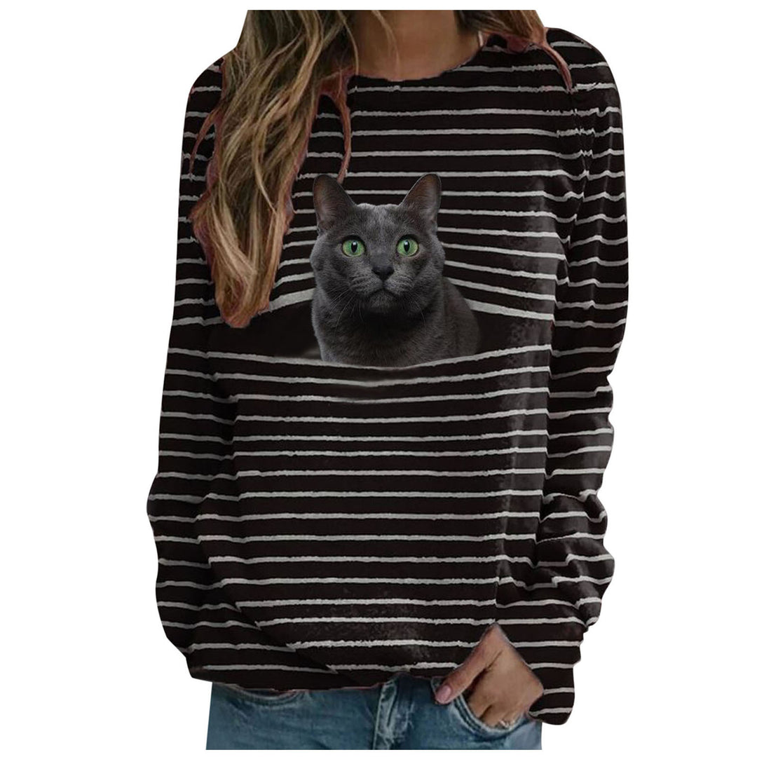 Damen nan lässiger Streifenpullover mit fotorealistischer Katzentasche und Rundhalsausschnitt Drune