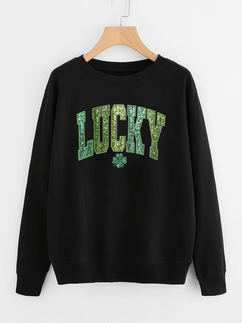 Damen lässiger Sweatshirt mit glitzerndem Schriftzug und Kleeblattmotiv Drune