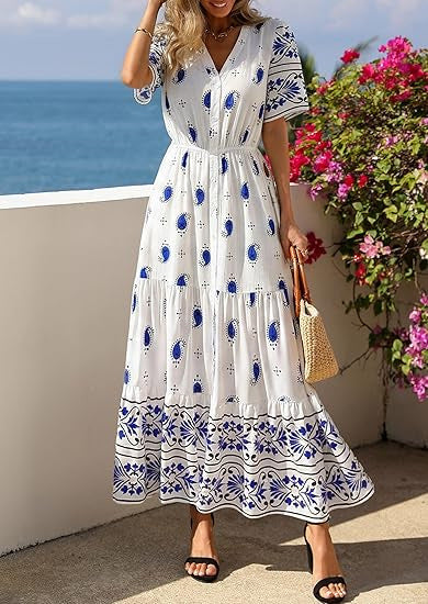Damen Boho Maxikleid mit floralen Prints und Taillengürtel Drune