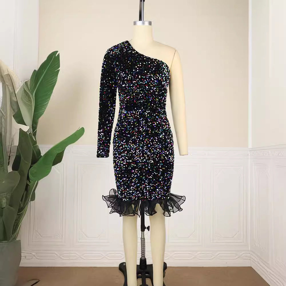 Damen Glamouröser Abendkleid mit funkelnden Pailletten und Rüschenabschluss Drune