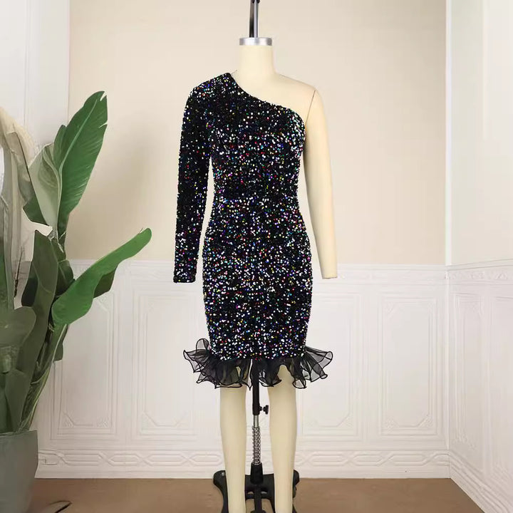 Damen Glamouröser Abendkleid mit funkelnden Pailletten und Rüschenabschluss Drune