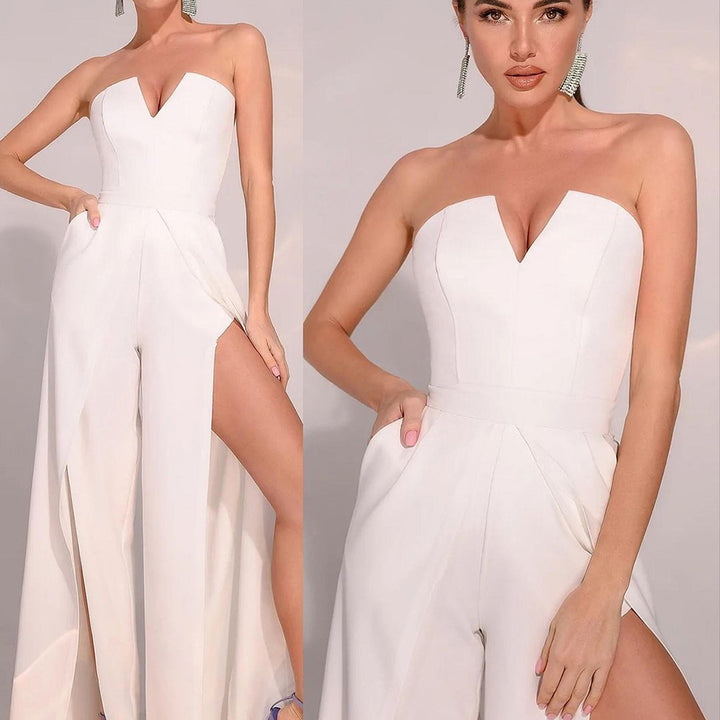 Damen Elegantes Trägerloses Jumpsuit mit weit ausgestellten Beinen und Taschen Drune