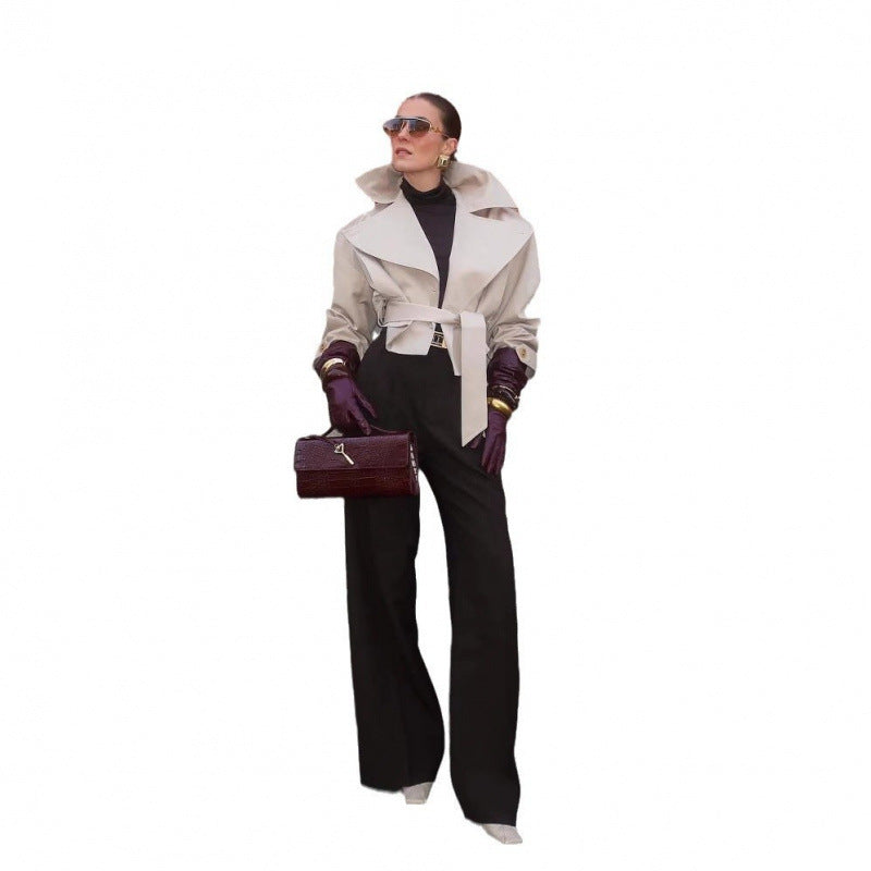 Damen modische Trenchjacke mit breitem Kragen und Taillengürtel Drune