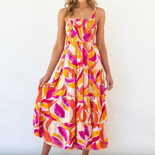 Damen Boho-inspiriertes Maxikleid mit buntem Blütenmuster und elastischem Oberteil Drune