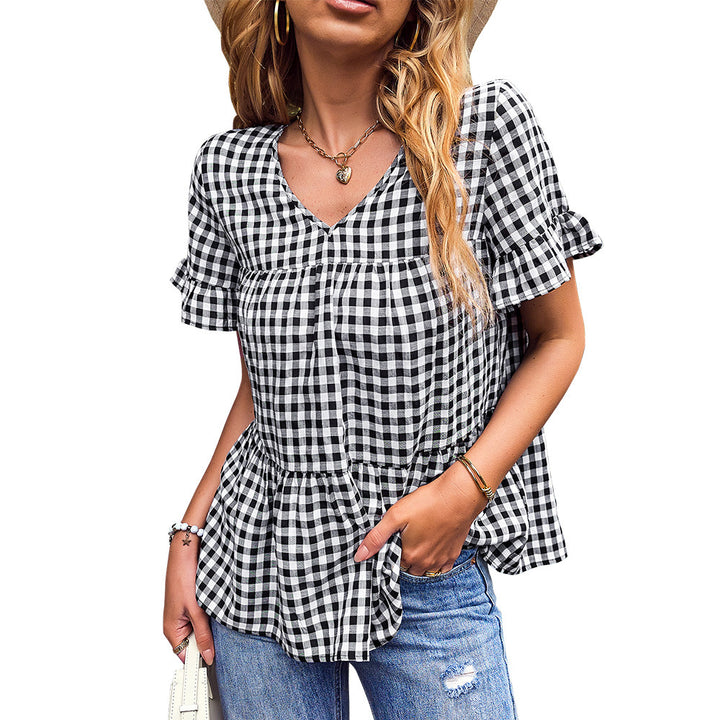 Damen Bluse mit V-Ausschnitt und Rüschenärmeln Drune