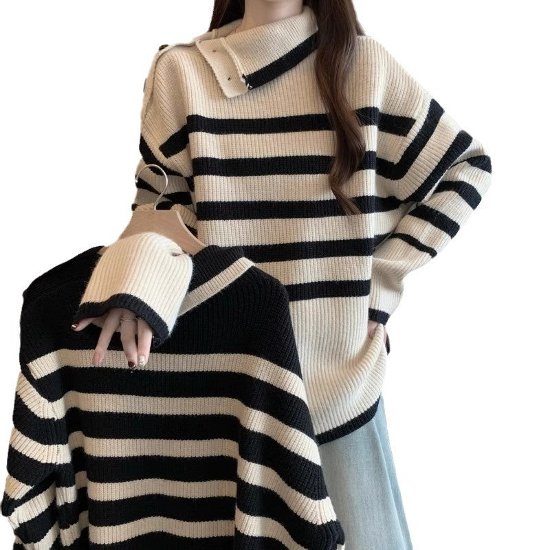Damen Gestreifter Pullover mit modernem Kragen und Knopfdetails Drune